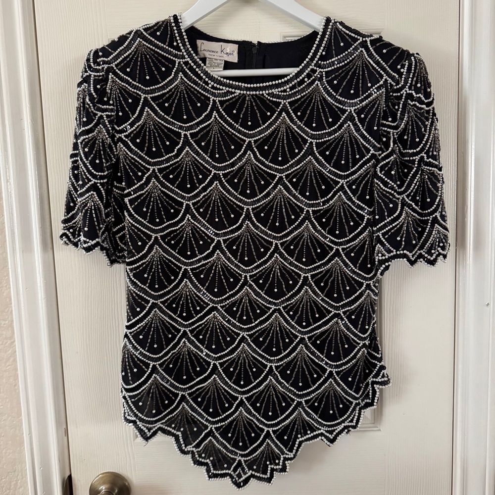 Laurence Kazar Black Beaded Evening Top Blouse Shell 100% silk Size L Vintage
